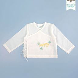 Keebee Organics Organic Cotton Full Sleeves Happy Text Embroidered Jhabla - White-image-88