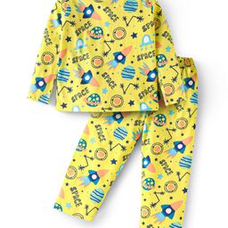 Babyhug Cotton Knit Full Sleeves Space Theme Printed Night Suit - Yellow-image-86