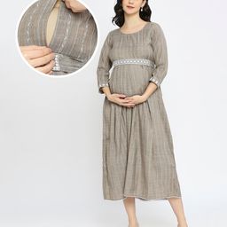 Dummy Shape Three Fourth Sleeves Striped Maternity Flared Kurta With Nursing Access & Abstract Embroidered Attached Belt - Brown-image-35