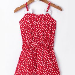 Mark & Mia Cotton Woven SleevelessKnee Length SingletJumpsuit with Flower Print & Bow Applique - Red-image-29