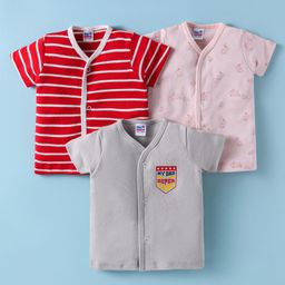 Ben Benny 100% Cotton Knit Half Sleeves Front Open Jhablas with Stripes & Bunny Print Pack of 3 - Red Grey & Pink-image-95