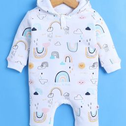 BUMZEE Cotton Knit Full Sleeves Hooded Romper with Rainbow Print - White-image-81