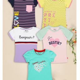 3PIN Cotton Pack Of 5 Half Sleeves Typography Printed Tops - Multi Colour-image-36