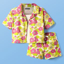 Pine Kids Single Jersey Knit Half Sleeves Top & Shorts Set With Floral Print & Inner Top - Light Green-image-98