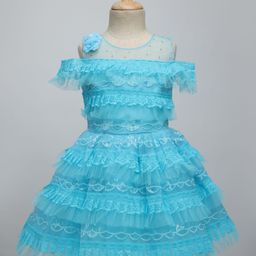 Enfance Cold Shoulder Sequin Embellished Floral Mesh Detailed Layered Knee Length Dress - Blue-image-18