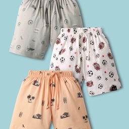 Teddy Sinker Knit Knee Length Shorts With Football Print Pack Of 3 - Grey White & Peach-image-85