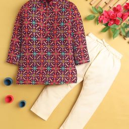 Jeet Ethnics Cotton Blend Full Sleeves Ethnic Motifs Designed Kurta Pyjama Set - Purple-image-44