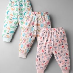 CUCUMBER Interlock Knit Full Length Animal & Nautical Theme Printed Leggings Pack of 3 - Baby Pink Sea Green & Cream-image-11
