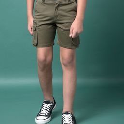 CRIMSOUNE CLUB Cotton Woven Solid Pocket Detailed Cargo Shorts - Olive Green-image-76
