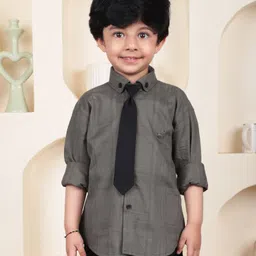 Polka Tots Cotton Woven Full Sleeves Textured Shirt With Tie - Green-picture-9