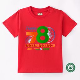 BLUSHES 100% Cotton Knit Independence Day Theme Half Sleeves Happy 78 Independence Day Text Printed Tee - Red-image-97