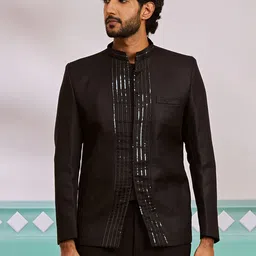 Vastramay Mandarin Collar Embroidered Sequined Bandhgala Blazer-image-28