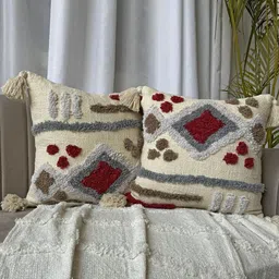 EXPORT HOUSE Cream-Coloured & Red 2 Pieces Cotton Geometric Square Cushion Covers-25