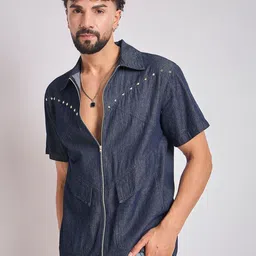 FUGAZEE Spread Collar Denim Embellished Cotton Casual Shirt-picture-24