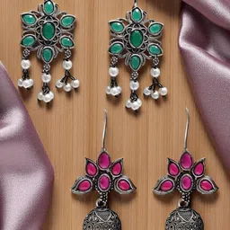 OOMPH Set Of 2 Artificial Stones Studded & Beaded Floral Shaped Oxidised Jhumkas-4