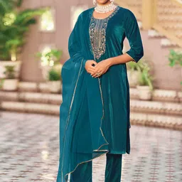 SANISA Floral Yoke Design Sequinned Velvet Kurta With Trousers & Dupatta-image-19