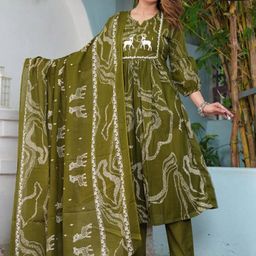 KALINI Women Printed Pure Cotton Kurta with Trousers & With Dupatta-14