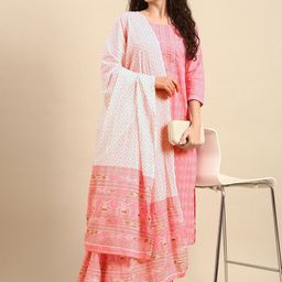 Janasya Women Pink Pure Cotton Printed Gotta Patti Kurta Set With Dupatta-image-22