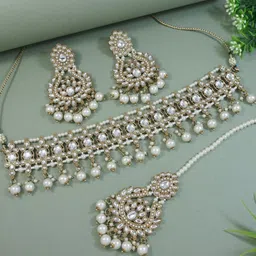 I Jewels Gold Plated Kundan Studded & Pearls Beaded Jewellery Set-24