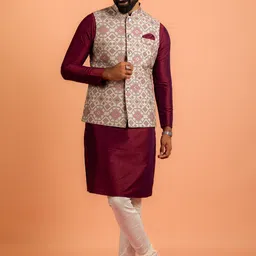 KISAH Mandarin Collar Straight Kurta with Churidar & Printed Nehru jacket image 2