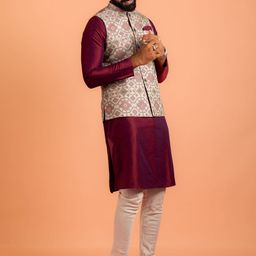 KISAH Mandarin Collar Straight Kurta with Churidar & Printed Nehru jacket image 4