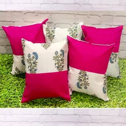 Pink Parrot Pink & Cream-Coloured 5 Pieces Ethnic Jacquard Silk Square Cushion Covers-picture-6