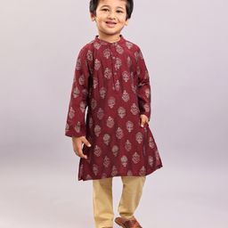 Babyhug Full Sleeves Kurta & Pyjama Set Floral Print - Maroon Beige-image-3