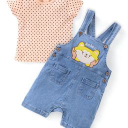 Kookie Kids Dungaree with Half Sleeves Polka Dots Print T-Shirt - Pink & Blue-image-73