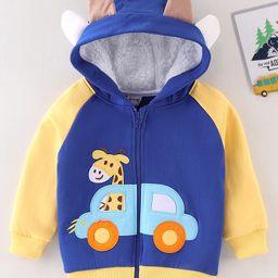 Kookie Kids Full Sleeves Fur Hoodie with Giraffe & Ear Applique - Blue & Yellow-image-18