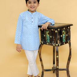 MoMaa Boys Pure Cotton  Full Sleeves Floral Chikankari Embroidered Kurta Pyjama Set - Sky Blue-image-78