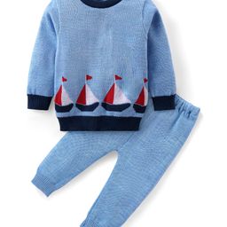 Babyhug Knit Full Sleeves Sweater & Pant Set Boat Design - Light Blue-image-61