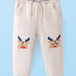 Babyhug French Terry Knit Full Length Lounge Pant with Animal Patch - Cream-image-97