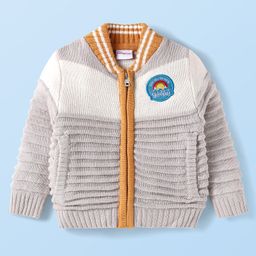 Babyhug Knitted Full Sleeves Front Open Sweater with Text Patch - Grey & Yellow-image-39