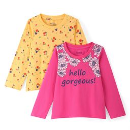 Honeyhap 100% Cotton Knit Full Sleeves Tops With Floral Print - Yellow & Pink-image-28