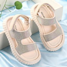 Babyoye Velcro Closure Sandal With Sequinned -Pink & Beige-image-65
