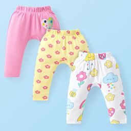 Babyhug Interlock Knit Full Length Diaper Leggings With Hearts & Floral Print Pack Of 3 - Yellow White & Pink-image-38