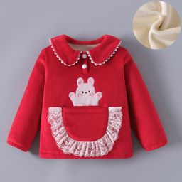 Kookie Kids Full Sleeves Peter Pan Collar Neck Sweatshirt with Bear Patch & Lace Detailing - Red-image-3