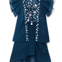 Babyhug Woven Floral Embroidered Lehenga Choli Set with Flutter Sleeves Jacket - Teal-image-47
