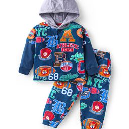 Babyhug Terry Knit Full Sleeves Hooded T-Shirt and Lounge Pant with Sport Theme Print - Navy Blue-image-22