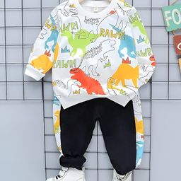 Googo Gaaga Cotton Full Sleeves Dinosaurs & Text Printed Sweatshirt With Joggers Set - White-image-29