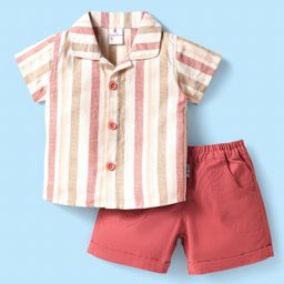 Child World Cotton Woven Half Sleeves Striped Shirt & Shorts Set - Red-23