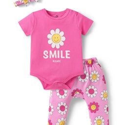 Doodle Poodle Interlock Knit Half Sleeves Onesie With Diaper Leggings And Hair Band With Floral Print - Pink-picture-17