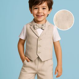 Mark & Mia Cotton Woven Half Sleeves T-Shirt With Attached Bow Textured Waist Coat & Shorts with Checks Design - Cream & White-image-70