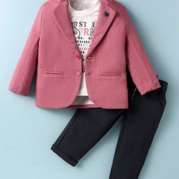 Rikidoos Full Sleeves Textured Blazer With Typography Printed Tee & Pant - Dusty Pink & Dark Grey-image-38
