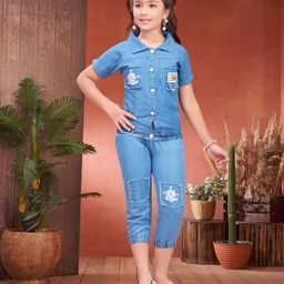 Aarika Denim Woven Half Sleeves Floral Printed Coordinating Shirt Style Top & Capris Set - Blue-image-21