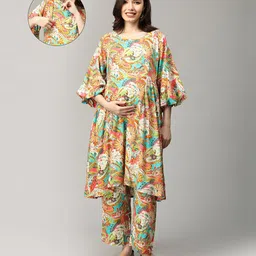 The Mom Store Cotton Three Fourth Balloon Sleeves Floral Printed Maternity Kurta With Nursing Access & Pant Set - Multi Colour-picture-18