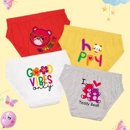 NUSYL Cotton Pack Of 4 Happy Text & Teddy Bear Face Printed Panties - Red Yellow White & Grey-image-96