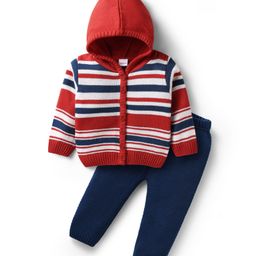 Babyhug Knitted Full Sleeves Hooded Front Open Striped Sweater Set - Red & Navy Blue-image-48