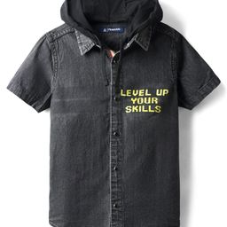 Pine Kids Cotton Woven Front Open Half Sleeves Hooded Shirt With Text Print - Black-image-6