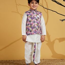 AJ Dezines Silk Blend Woven Full Sleeves Solid Kurta & Dhoti With Ethnic Printed Jacket Set - Purple-image-25
